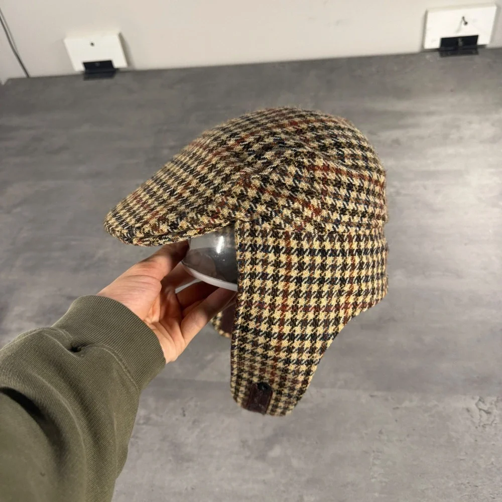 Carriglen Bugatti Flat‎ Cap Mens Brown Houndstooth Wool Blend Ear Flaps England